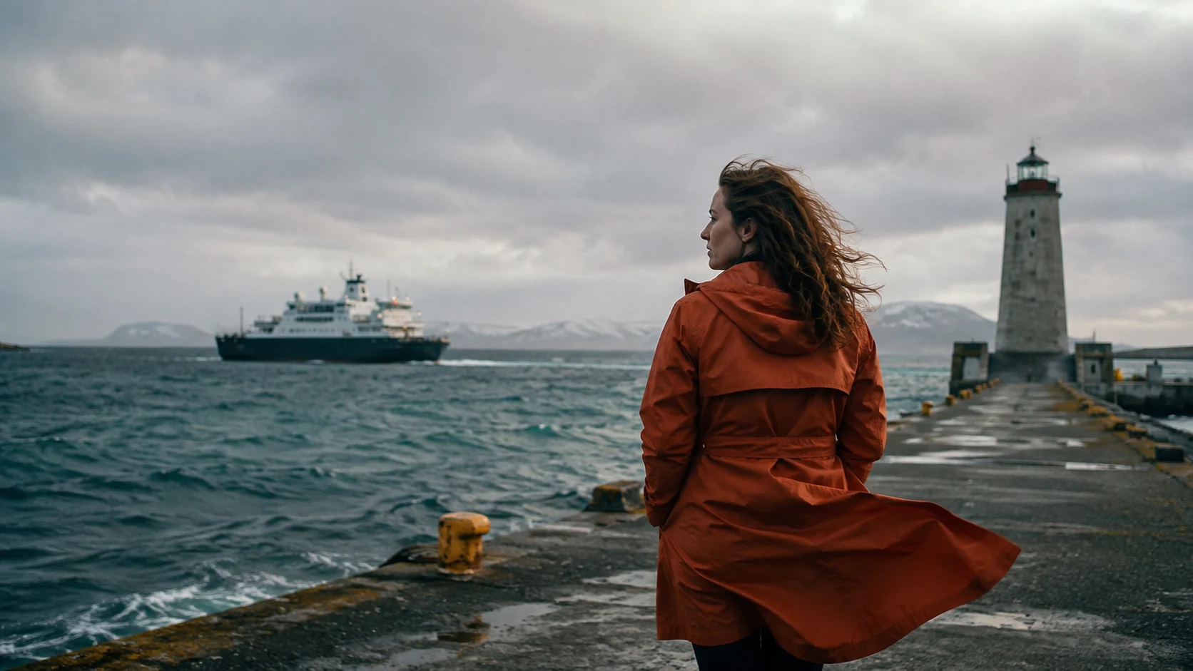 The woman on the pier, looking across the water toward the ferry.