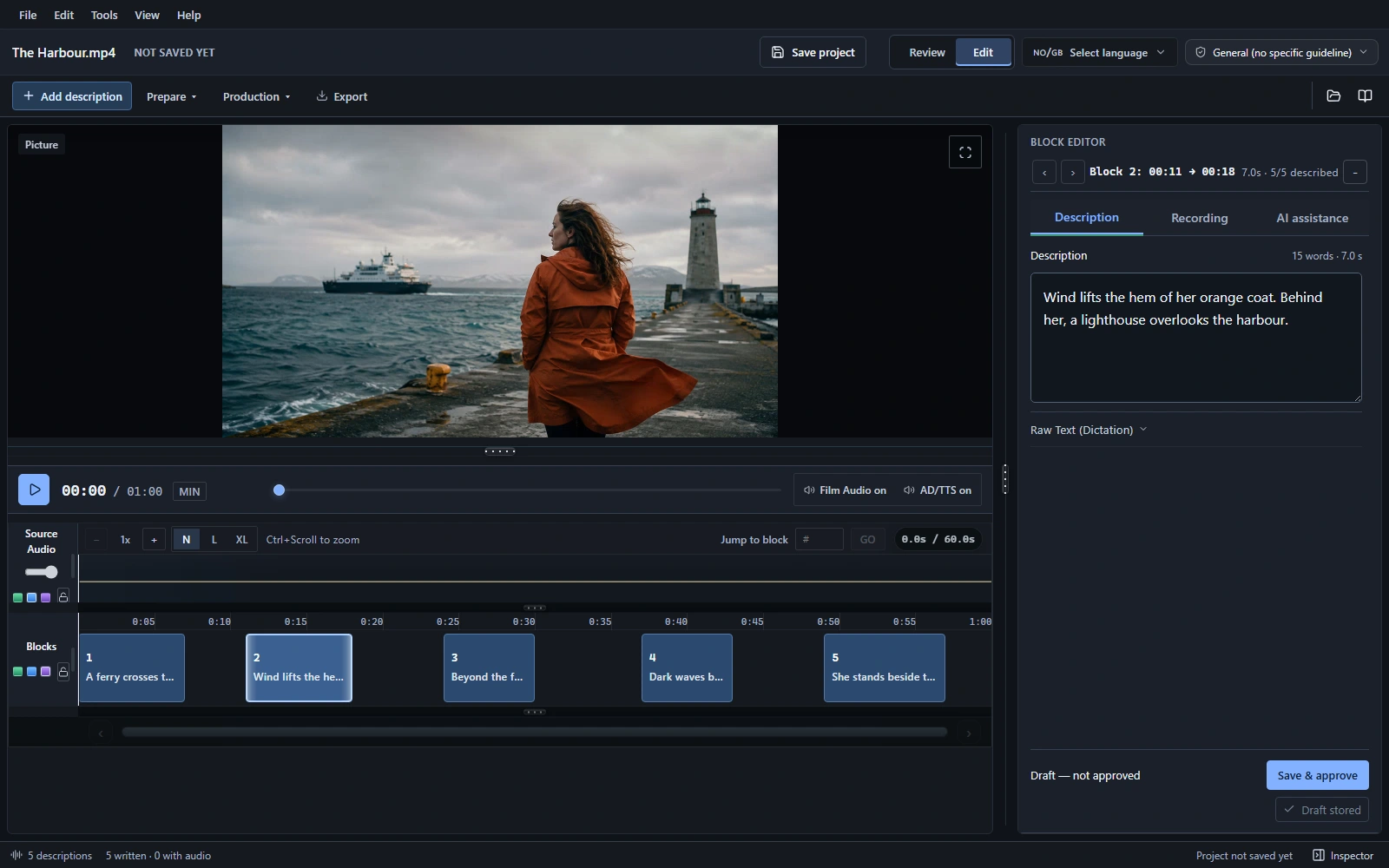 Actual Narracue Write & time interface, with an original generated harbour scene and a demonstration description project.